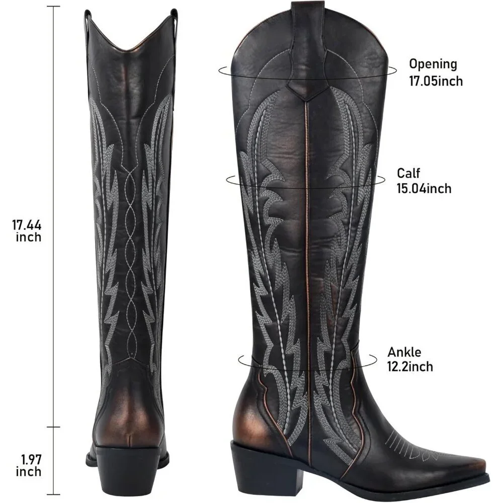 Women Golden Faux Leather Knee High Cowgirl Boots with Pointed Toe Block Heel